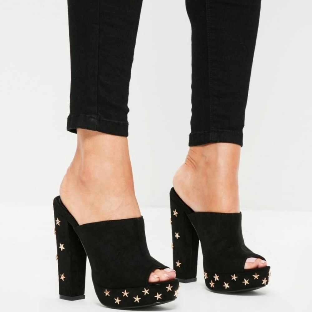 Missguided Black Star Studded platform mule